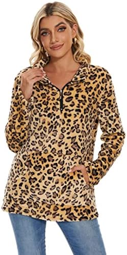 P&A modne ženske dukserice s leopardom s dugim rukavima V vrat Quarter Zip Fleece Pulover vrhovi