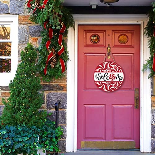 Deroro božićna menta slatkiši Znak dobrodošlice za dekor ulaznih vrata, crveni Xmas Holiday Lollipop drvena vješalica za vrata za vanjski