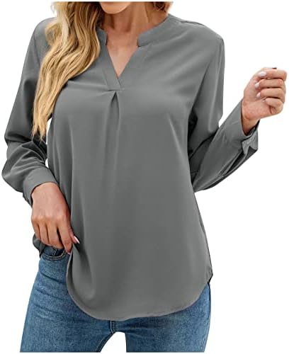 Tunika vrhovi za žene Drvane ležerne manžete s dugim rukavima zarezani v vrat šifonska bluza lagana majica s visokim jesen