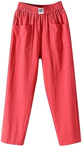 Povremene hlače za žene pamučno posteljina obrezana široka noga Capris hlače Čvrste džepove s visokim strukom dnevni boravak hlače