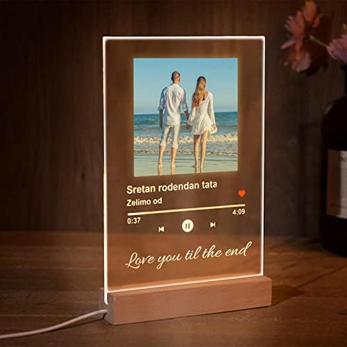 Prilagođena fotografija akrilna ploča za pjesmu, personalizirana foto noćna svjetlost s prilagođenim tekstom romantičnim poklonom za