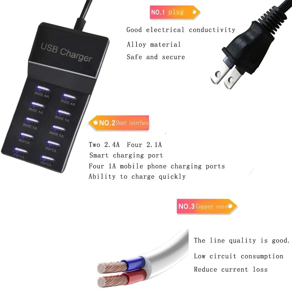 USB punjenje Station10-port USB punjač, ​​Multiport USB punjač stanice, kompatibilan s iPhoneom, Galaxy, iPad tabletom i drugim USB
