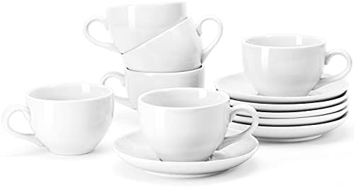 Set porculanskih šalica za kavu od 6 unci, Set bijelih porculanskih šalica i tanjurića za cappuccino, Caffe Latte, napitke od kave