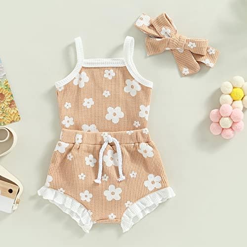 Mandizy novorođenčad odjeća za djevojčice Ljetni cvjetni print pleteni bez rukava Romper ruffle cvjetaju kratke trake za glavu 3pcs