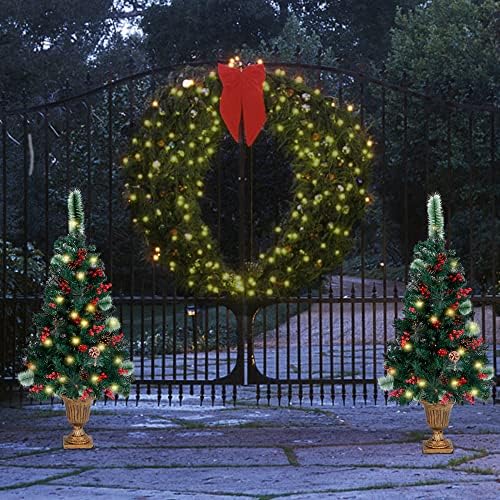 Juegoal 4 ft božićno drvce, prethodno osvijetljeno stablo za ulaz u Crestwood s 120 LED-ovih vilinskih svjetala, borovi konusi, crvene