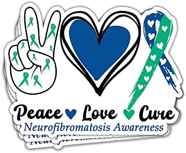 Sunhado Peace Love Cure Neurofibromatoza Naljepnica za svjesnost NF Naljepnica za svjesnost plave i zelene vrpce naljepnice Neurofibromatoza