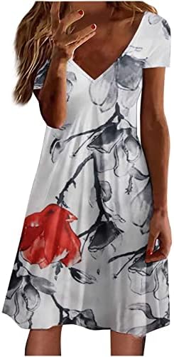WPOUMV Ljetne haljine za žene modni V-izrez haljina kratkih rukava cvjetna print haljina na plaži casual labava fit midi haljina