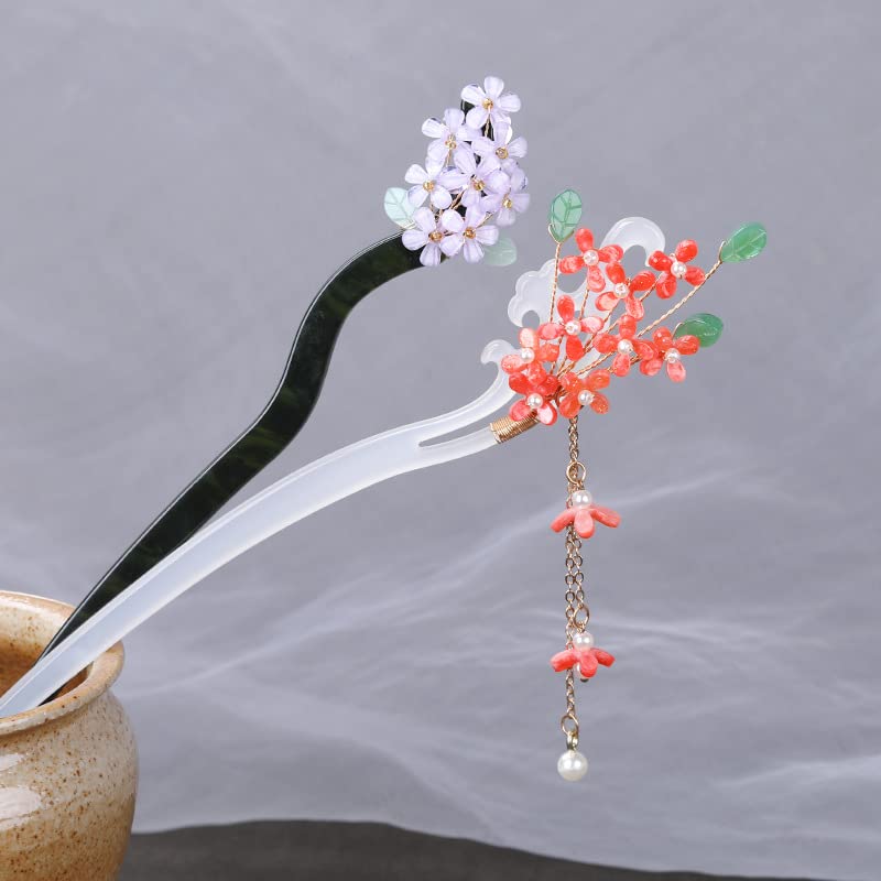 2 kom. kineski štapići za kosu u obliku oblaka s crvenim i ljubičastim cvjetovima, štapići od smole, retro kićanka, ručno izrađena