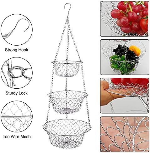 3-slojna košara za voće viseća kuhinjska košara za pohranu povrća sklopivi metalni lanac viseća kompaktna rustikalna seoska žičana