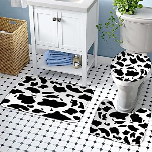 4pcs setovi zavjesa za tuširanje krava s dodacima s prostirkama, crno -bijeli uzorci zavjese za kupanje set dekor kupaonice s 12 kuka