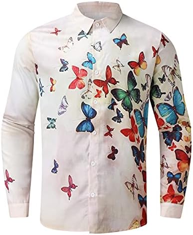 Xxbr pamučne lanene košulje za muške, jesenje gumba niz leptir s dugim rukavima ptice ispis casual havajske košulje gornje plaže
