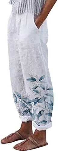 Chgbmok ženske elastične lanene hlače cvjetne tiskane konusne hlače casual solid široke nogu ležaljke s džepovima