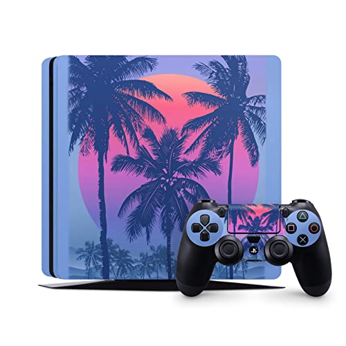 Zoomhitskins PS4 tanka koža, kompatibilna za PlayStation 4 vitka, plava oceanska zalazak sunca Palm Beach Surf dopust, 1 PS4 Slim Console