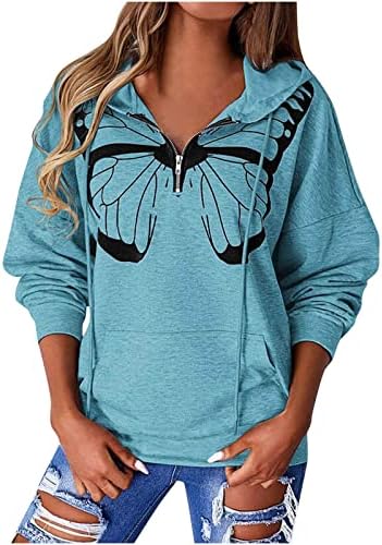 Dukserice s printom leptira za žene ležerna majica s patentnim zatvaračem s kapuljačom dugih rukava Jesen modni pulover džepni vrhovi