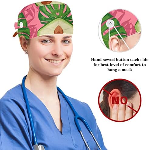Podesiva radna poklopac s gumbom pamučni znoj Avokado i džungla Palm Leaf Pink kirurg kapica za žene