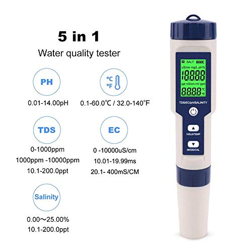 Ispitivač kvalitete vode 5 u 1 vode pH salinitet Ukupna otopljena krutih tvari EC Temperatura test olovke Tipa olovke za piće Akvarij