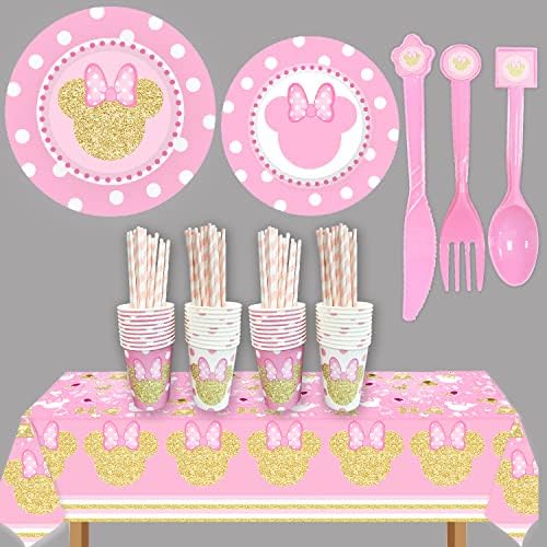 Ružičasti i zlatni pribor za rođendan Minnie Ukrasi Minnie papirnati tanjuri salvete i šalice slamke vilice žlice noževi za djevojčice