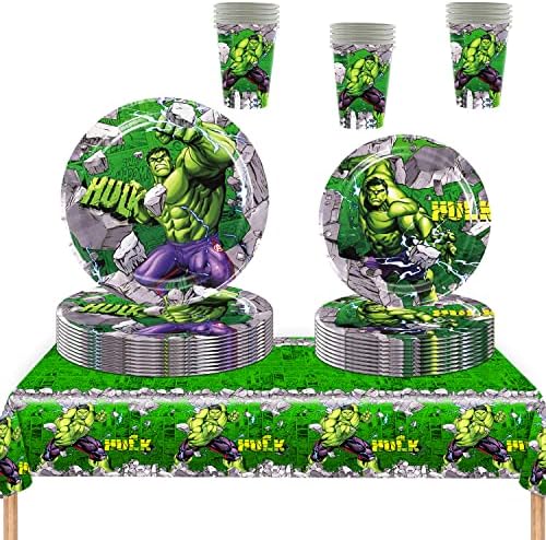 Komplet posuđa za rođendansku zabavu Hulk za 16 osoba sa stolnjakom, tanjurima i šalicama, tematskim ukrasima za rođendansku zabavu