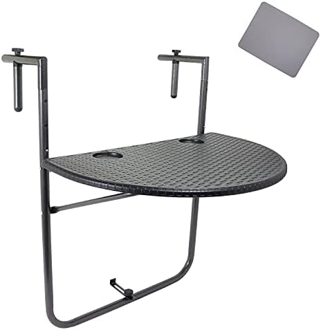 Viseći stolić za balkon-crni zaobljeni stolić s ogradom od pletenog ratana-podesiva visina, sklopiva i kompaktna, otporna na vremenske