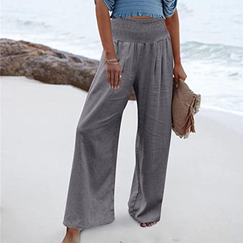 Žene casual lanene hlače Ravne hlače za noge visokog struka plaže hlače za plaž opuštene trenirke s džepovima