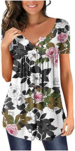 Plus veličine vrhova za žene, cvjetni tisak ženskih vrhova ležerni gumb dolje proljetni vrhovi majice kratkih rukava