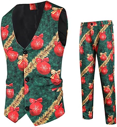 Wocachi 2pcs božićna odijela za muške, Xmas Djed Mraz snježni ispis s jednim prslukom s prslukom od prsluka odijelo hlače setovi setovi