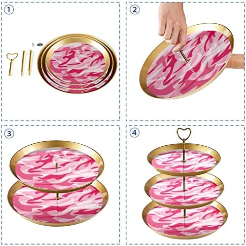 Pink Camo 3-tenični stalak za kolače za posluživanje, utisnuta stalak za deserte za deserte, stalak za posluživanje peciva za vjenčanje,