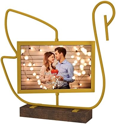RLAVBL 4x6 Zlatni labud okvir za slike, rotirajući metalni foto okvir s drvenom bazom za prikaz stola, poklon za Valentinovo