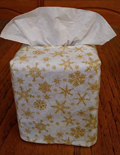 Poklopac kutije s tkivima, kvadratni, zlatne snježne pahulje na poklopcu s bijelom tkivom, ručno izrađeno, besplatna poštarina