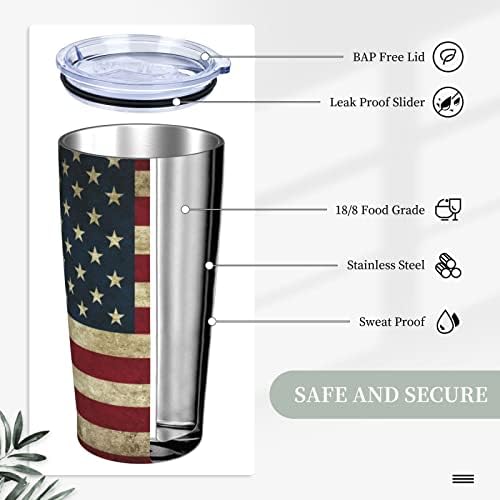 Atedeanei od 20 oz, vintage američka zastava, izolirana šalica za kavu s poklopcem i slamom, šalica za putnički vakuum od nehrđajućeg