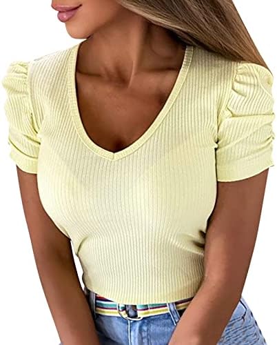 Topovi s izrezom u obliku slova u za žene, ljetne elegantne casual rebraste majice kratkih rukava, gradijentne majice, rastezljiva
