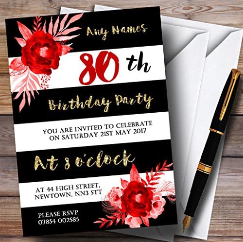 Crno bijelo prugasto zlatno crveni cvijet 80. pozivnice za rođendanske zabave
