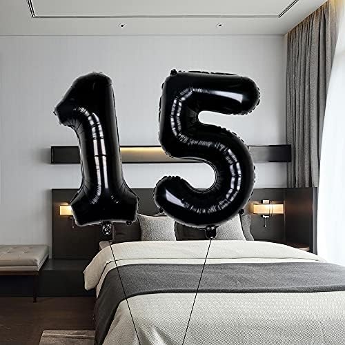 Yijunmca Black 15 brojevi baloni Giant Jumbo broj 15 32 Helij balon Viseći balon Folija Mylar baloni za dječake djevojčice 15. rođendana