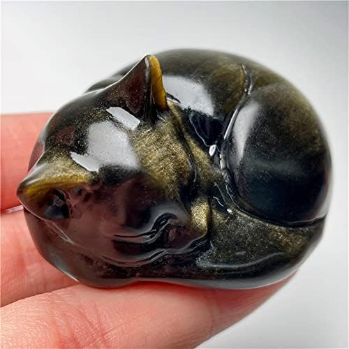 Doupe Natural Crno obsidijansko ručno isklesano prirodno zlato Obsidian Sleep Cat Quartz Kristalna lubanja Poklon za ukrašavanje kuće