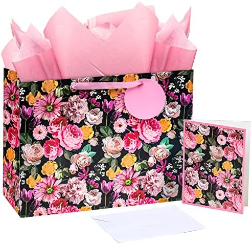 16 velike poklon vrećice s papirnatim papirom, poklon oznakom i karticom, Crna poklon vrećica s cvjetnim uzorkom za kupovinu, vjenčanje,