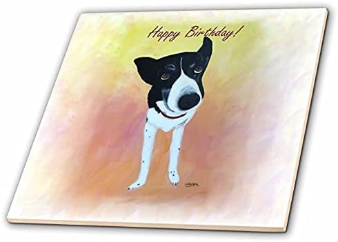 Slatka 3-inčna slika psa Border Collie koji gleda prema gore na sretan rođendan - pločica