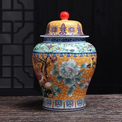 Cnpraz Keramička staklenka đumbira s poklopcem, ručno oslikani cvjetni uzorak žute porculanske vaze za kućni dekor ， Chinoiserie hramski