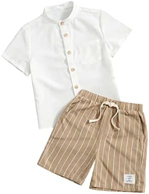 2-dijelna majica za dječake s zakrpljenim džepovima na kopčanje i kratkim hlačama s okomitim prugastim strukom