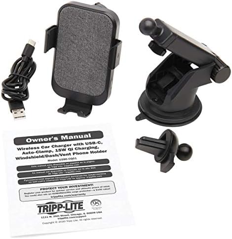 Tripp Lite bežični punjač za automobile, 15W QI kompatibilan, USB-C, vjetrobranski držač za odzračivanje telefona