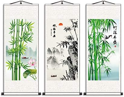 Zzooi kineski sretni slikati šaran bambusov zidna umjetnost viseći svileni svitak, feng shui dekor