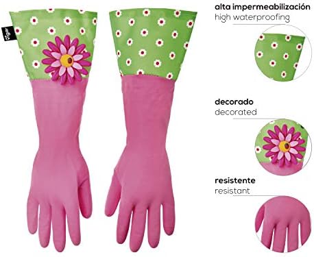 Rukavice za pranje posuđa od ružičastog lateksa s izduženom manžetnom s cvjetnim motivom, duljine 16-7/8 inča