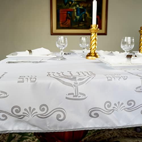 Elegantni bijeli i srebrni stolnjak Hanuka - velika veličina pravokutnika s dizajnom menorah za Pasha, Shabbat Shalom i židovski festivali