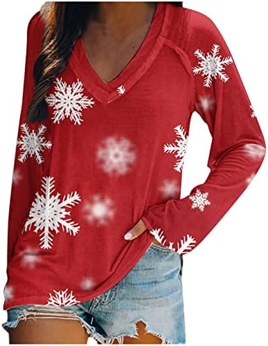 Božićne košulje sa snježnim pahuljicama za žene, Božićna majica s grafičkim uzorkom, gornji dio s izrezom u obliku slova u, bluza dugih