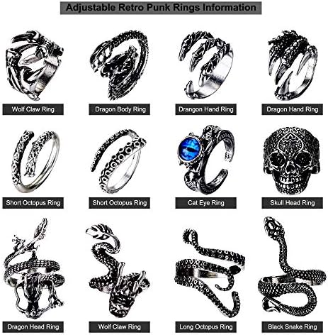 12 komada Vintage Punk prstenovi hobotnica zmaj zmija prsten za muškarce žene Podesivi cool gotički prsten Nakit Set