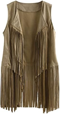 Faux Suede prsluk za ženski obrub 70 -ih Hippie bez rukava otvoreni prednji kardigan jakne vintage odjeća