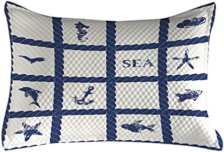 Ambasonne mornarsko plava prešitana jastuka, mornarska jahta posuda koja se koristi kao okvir s zvijezdama riba i sidrenom slikom,