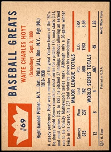 1960. Fleer 69 Waite Hoyt Tigers/Yankees/Red Sox EX/MT+ Tigers/Yankees/Red Sox