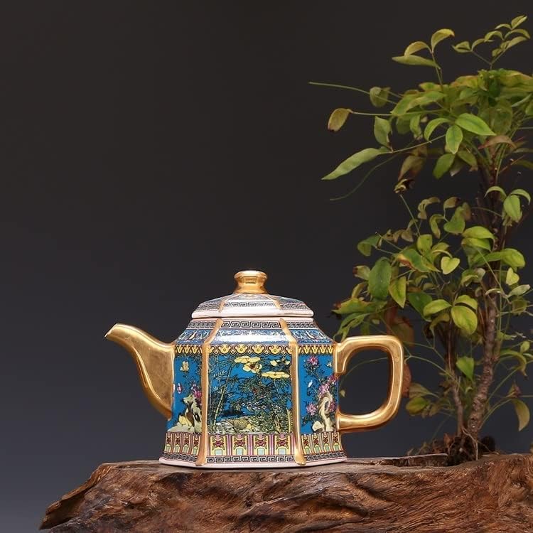 WYFDP Emajl zlatni čajnik s ručicom šesterokutni čajnici s cvjetovima i pticama uzorak drevni porculan