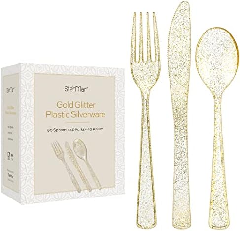 Plastični srebrni pribor [160 pakiranje] Zlatni sjaj za jednokratnu upotrebu, 80 plastičnih žlica, 40 plastičnih vilica i 40 plastičnih