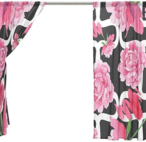 Gornji stolar akvarel ružičasti božur cvijet polu-čiste zavjese prozori voile zavjere za obradu ploče-55x78in za dječju sobu za spavaću
